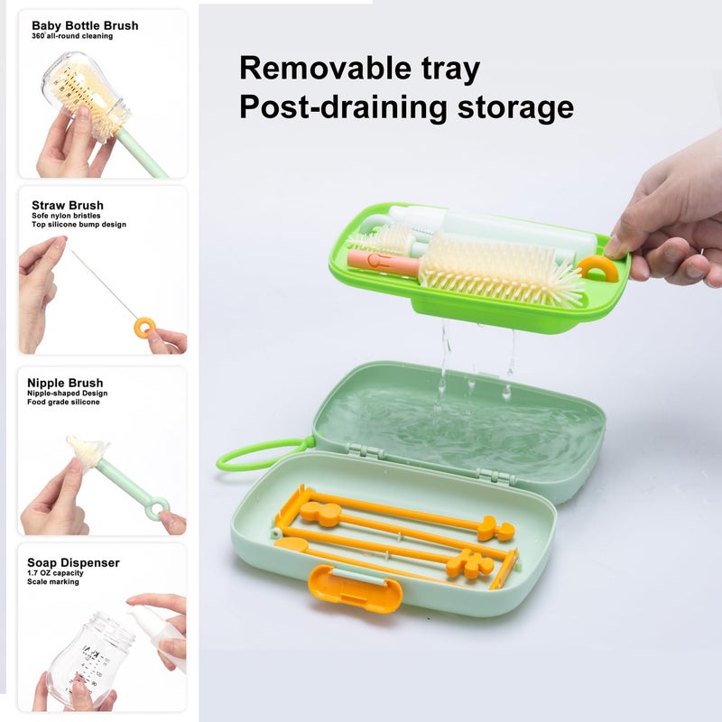 suvast 7in1 Travel Bottle Cleaner kit,Baby Essentials, with Bottle Brush、Nipple Brush、Straw Cleaner Brush、Soap Dispenser、Bottle Drying Rack、Drainage Tray、Storage Box,Baby Travel Essential (Green) - Image 5